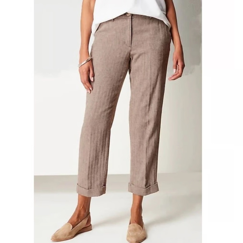LINEN J JILL Linen Blend Herringbone Pants SZ 10T Coffee Color Tan Vacation EUC